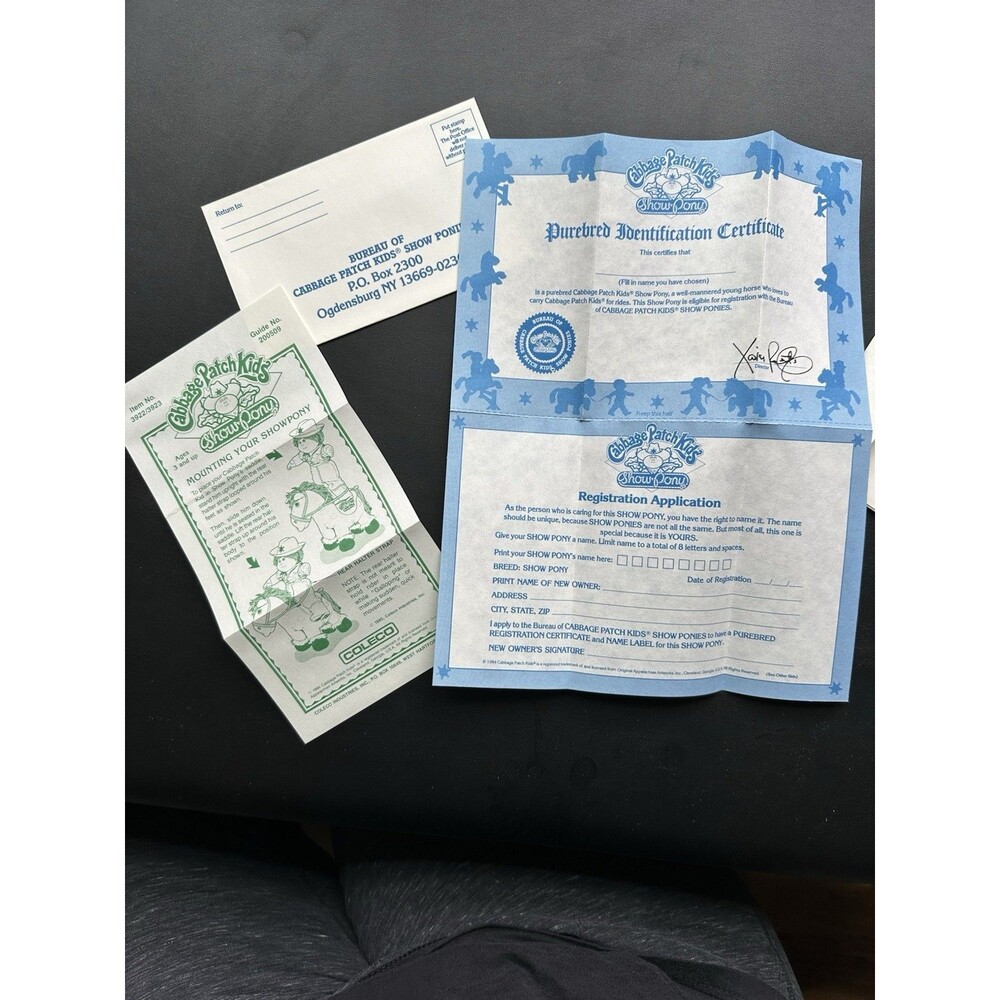Original Cabbage Patch Kid Show Pony Adoption Certificate 1984